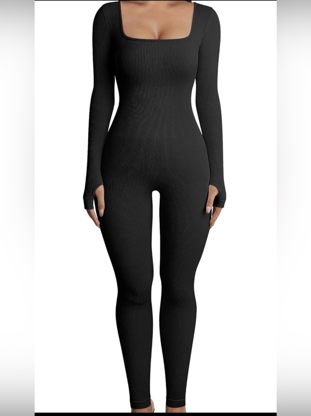 Black Ribbed Square-Neck Long Sleeve Jumpsuit